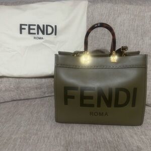 Fendi Olive Green Roma Logo Sunshine Tote with Tortoiseshell Handles Medium